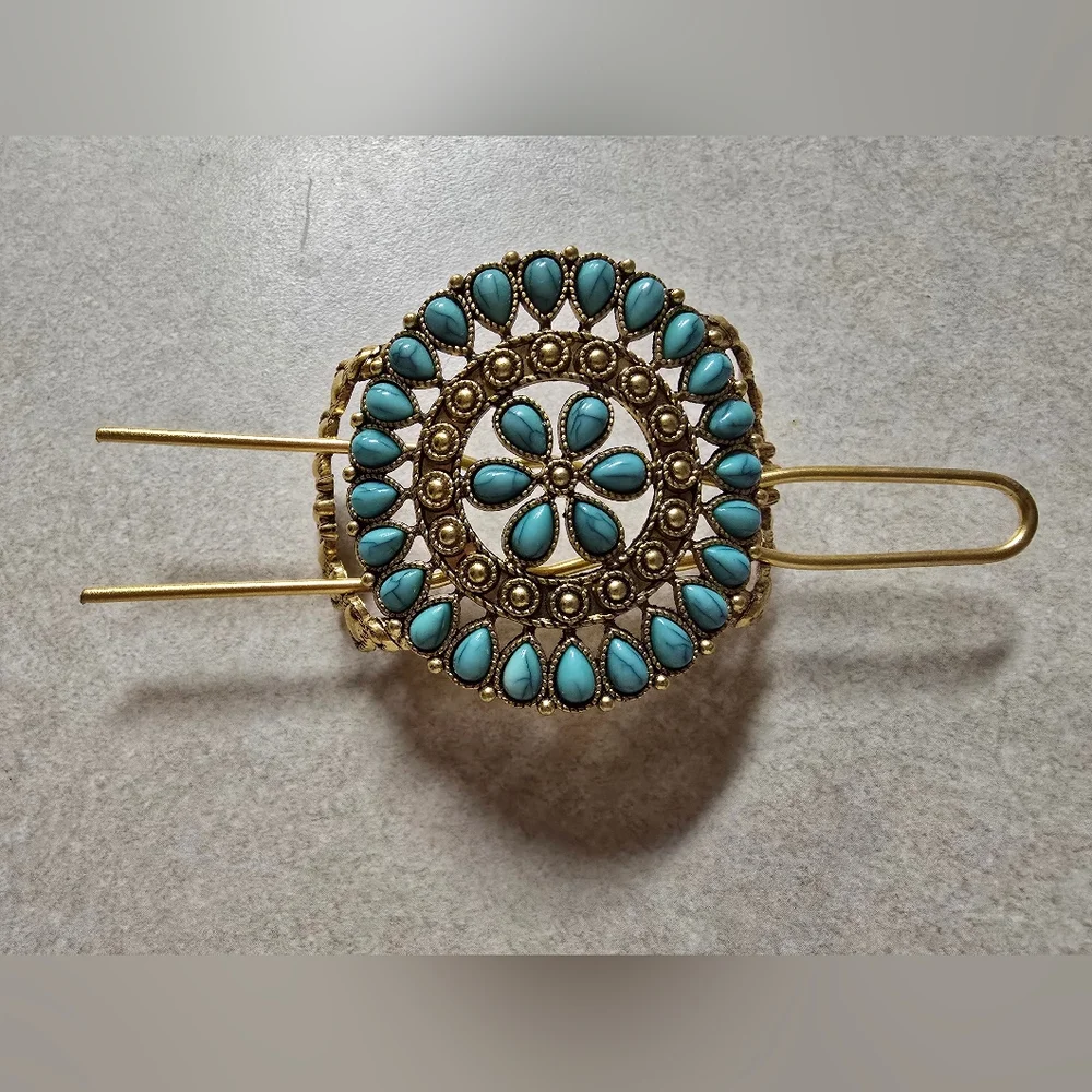 Gold and Turquoise Hair Clip - Picture 2 of 6